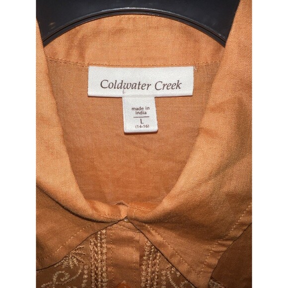 Coldwater Creek Blouse Womens L Orange Ramie Embroidered Button Up Shirt Top - Picture 3 of 8